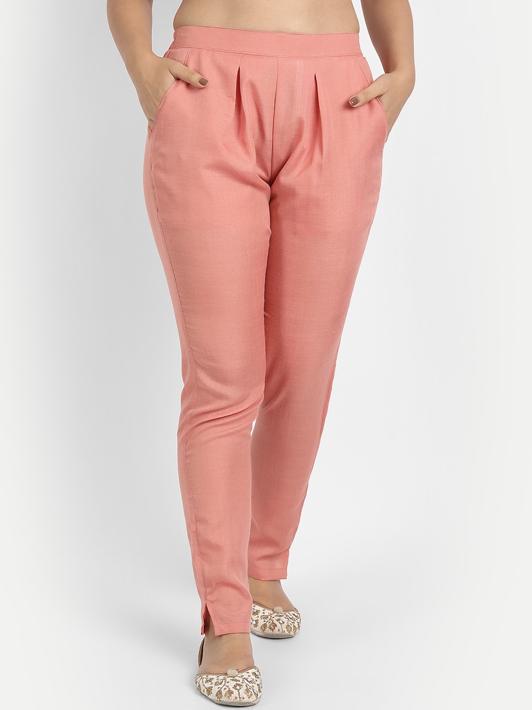 

Globon Impex Women Peach High-Rise Pleated Cotton Trousers