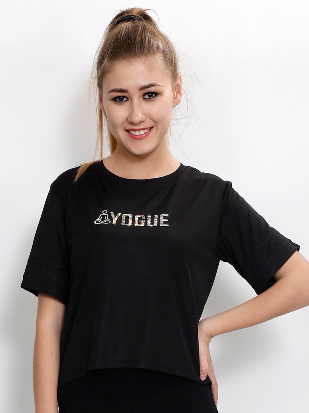 

Yogue Activewear Black Brand Logo Print Top