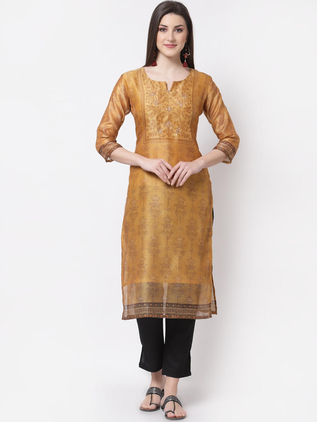 

Myshka Women Mustard Yellow Ethnic Motifs Embroidered Chanderi Silk Kurta