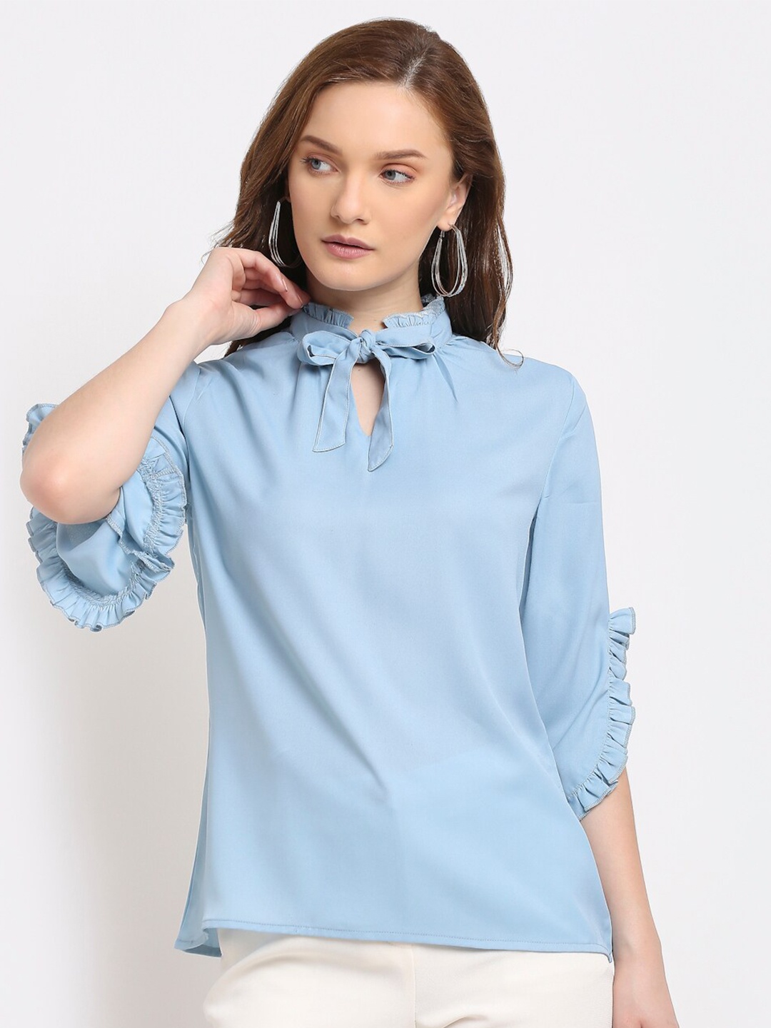 

La Zoire Women Blue Solid Tie-Up Neck Georgette Top