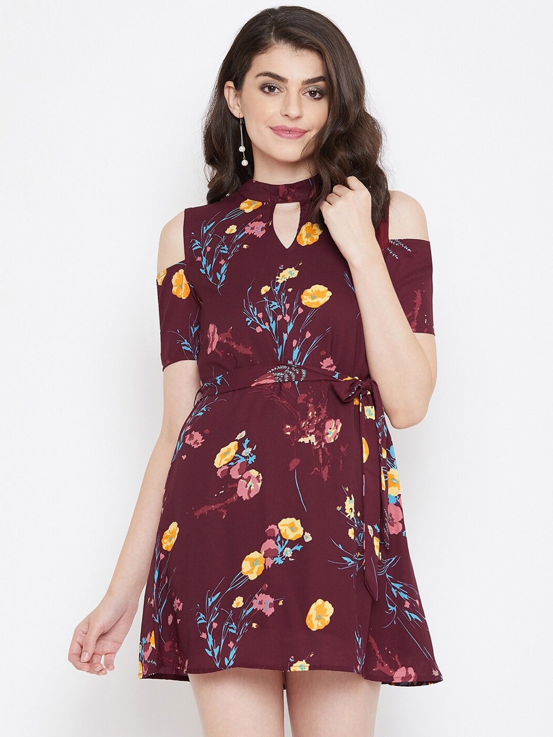 

La Zoire Women Maroon Floral Printed Cold Shoulder A-Line Dress