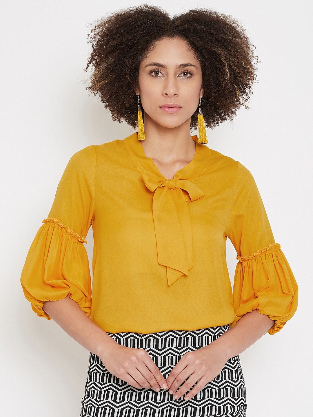 

La Zoire Women Mustard Yellow Tie-Up Neck Crepe Top