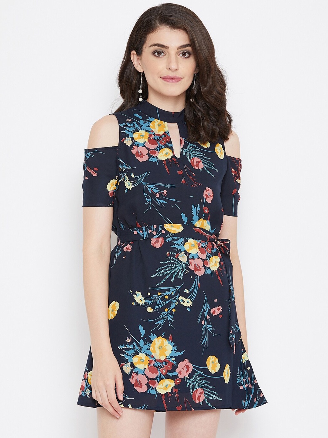 

La Zoire Navy Blue Floral Choker Neck Cold Shoulder Georgette Dress