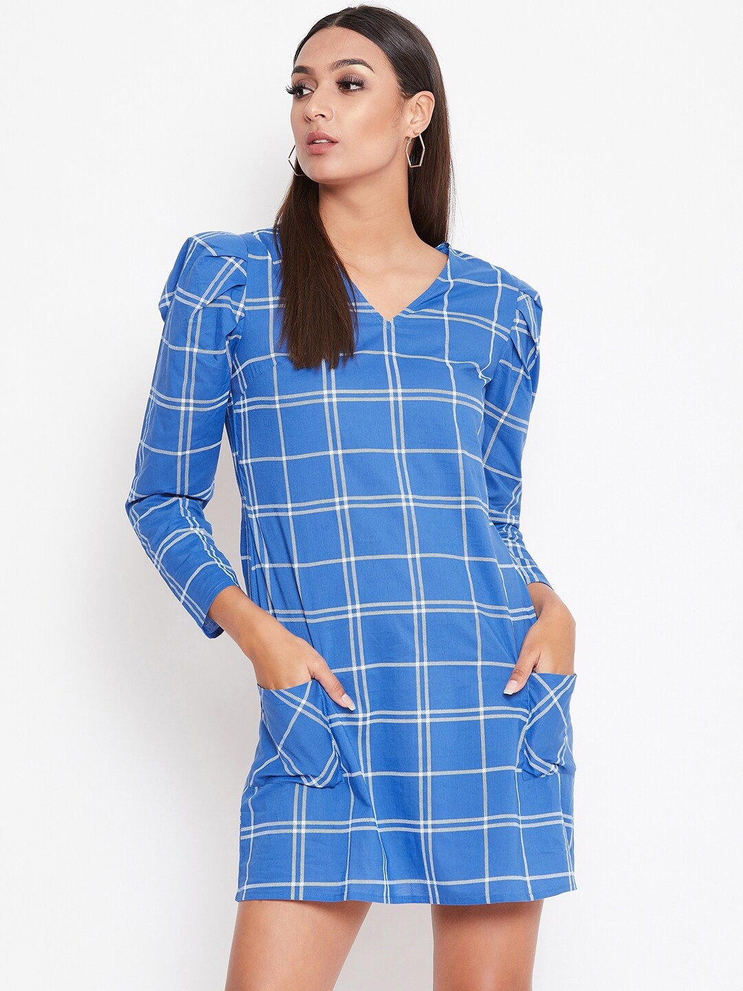 

La Zoire Blue Checked Sheath Cotton Dress