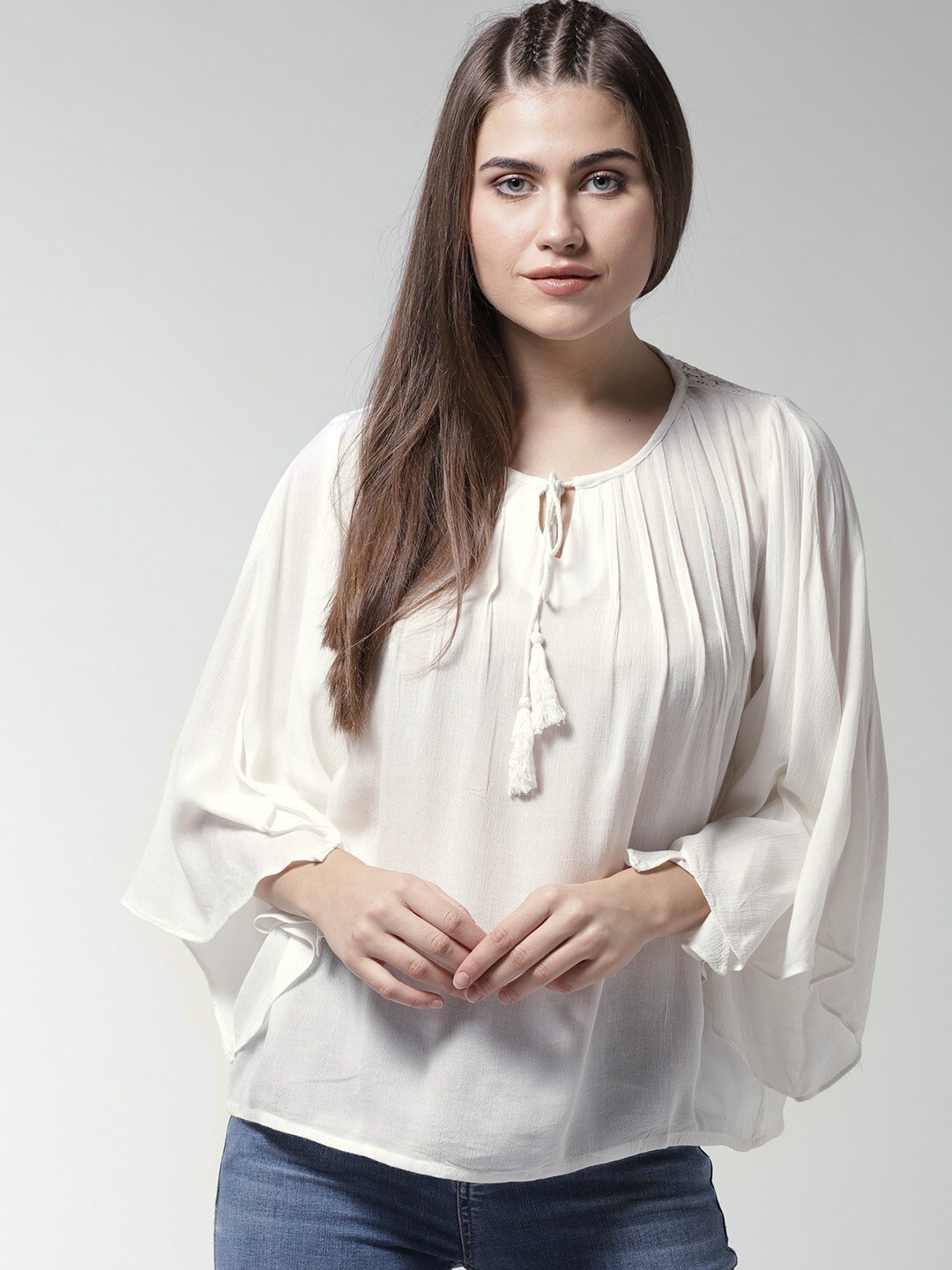 

La Zoire White Tie-Up Neck Bell Sleeves Top