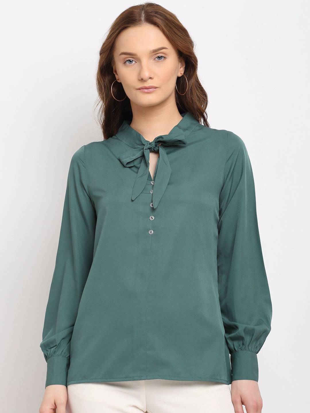 

La Zoire Teal Green Tie-Up Neck Top