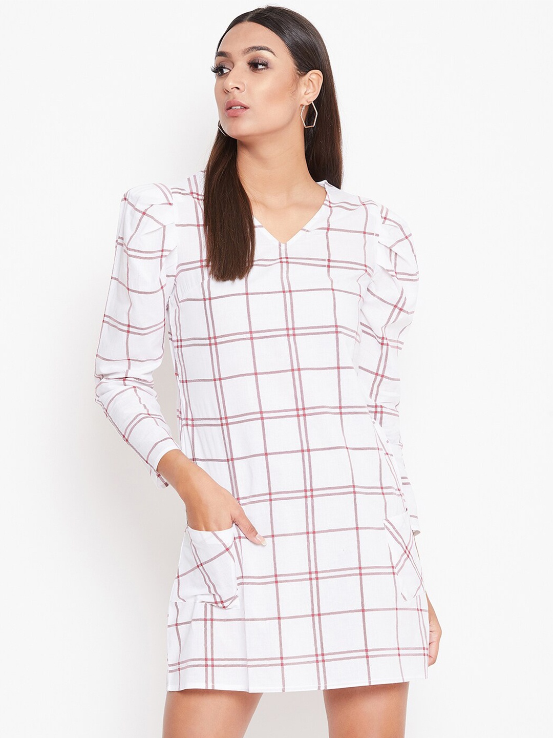 

La Zoire Women White Checked Cotton A-Line Dress