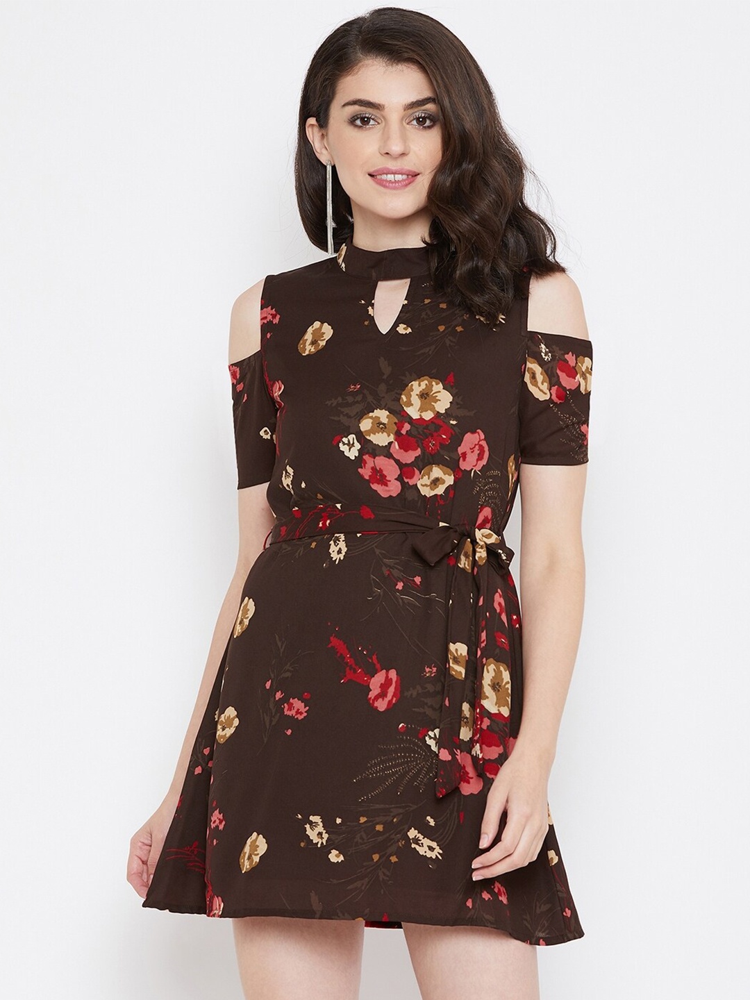 La Zoire Brown & Pink Floral Choker Neck Georgette Dress