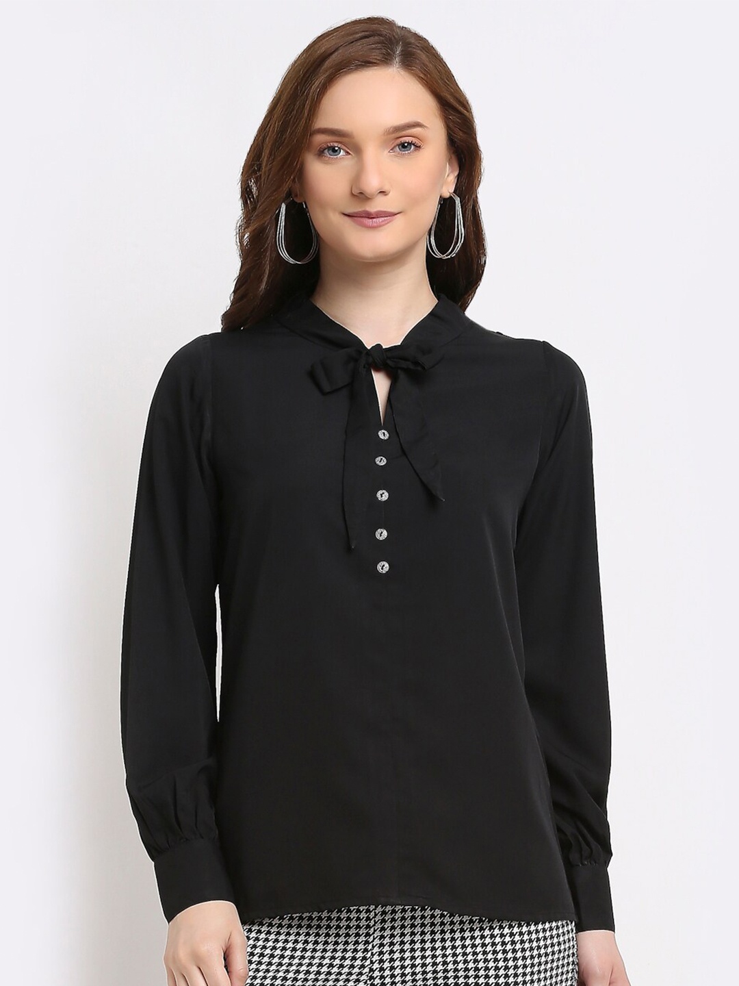 

La Zoire Women Black Tie-Up Neck Top