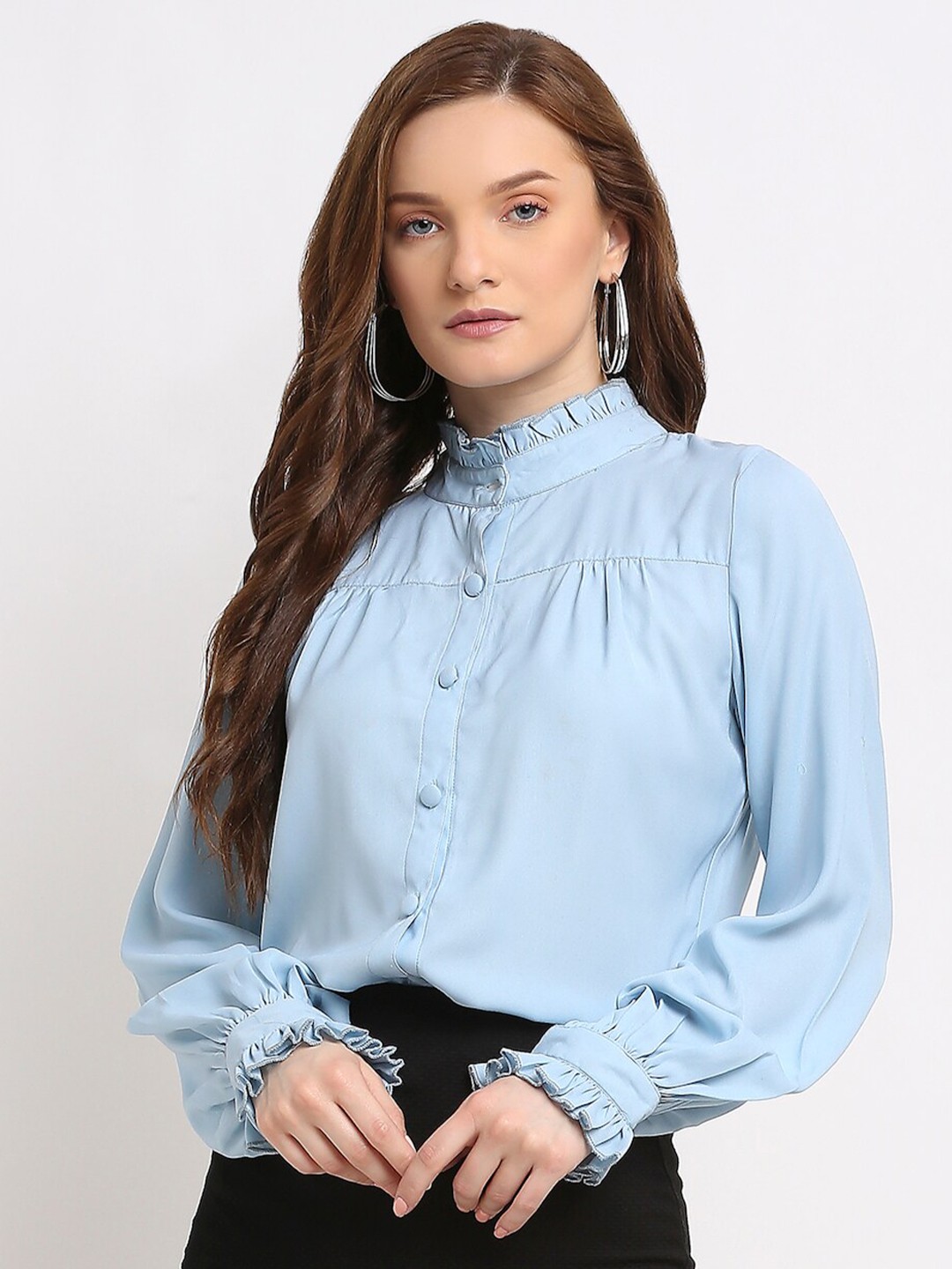 

La Zoire Blue Georgette High Neck Shirt Style Top
