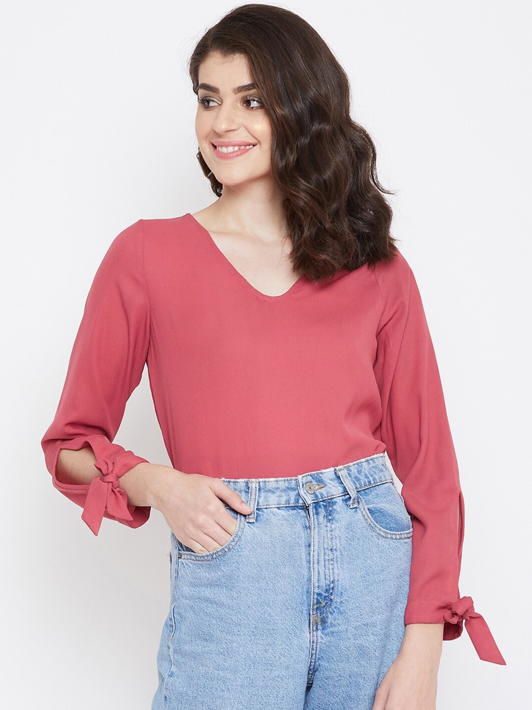 

La Zoire Women Pink Georgette Tie-Up Sleeves Top
