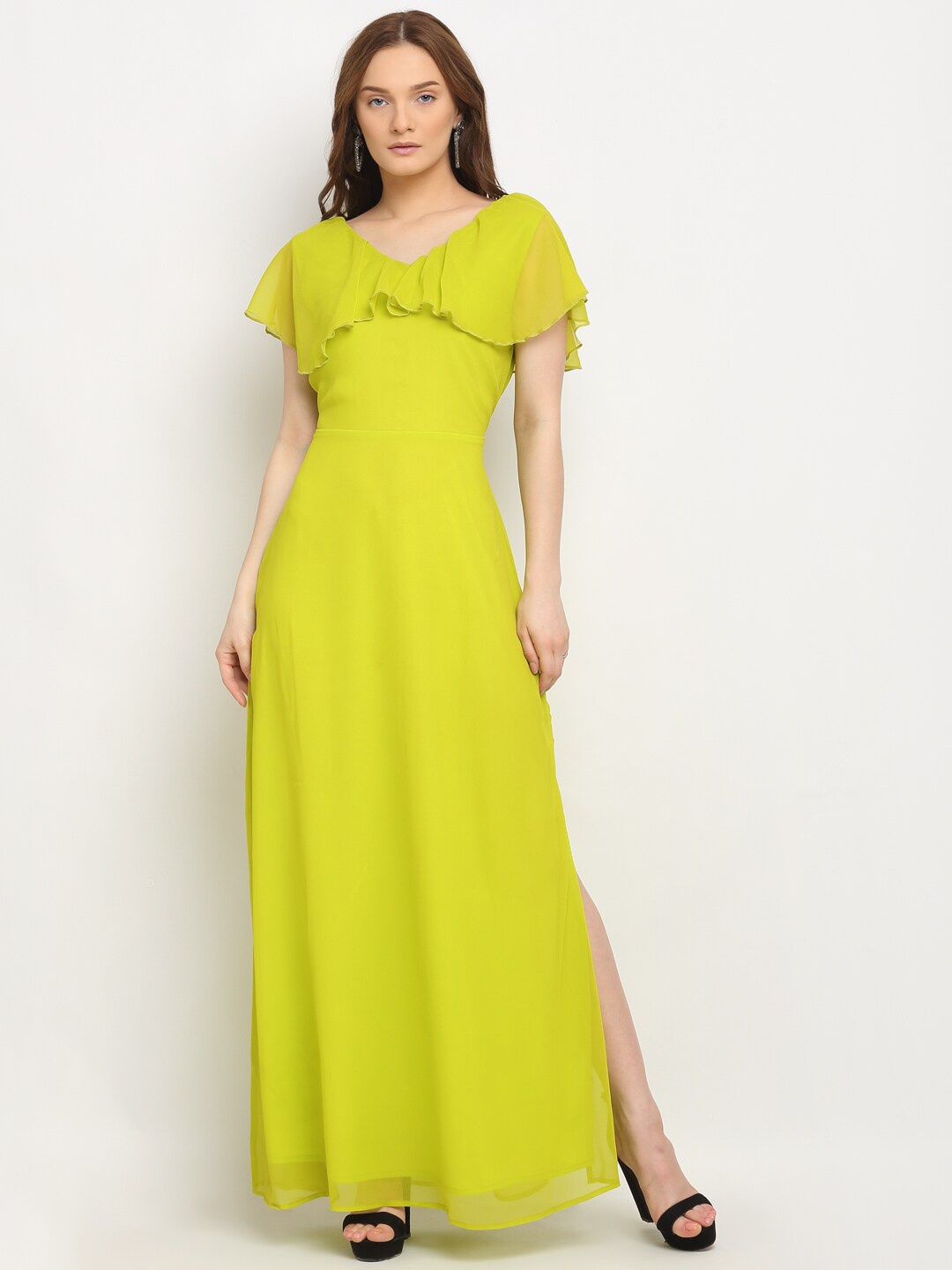

La Zoire Women Fluorescent Green Solid Ruffled Maxi Dress