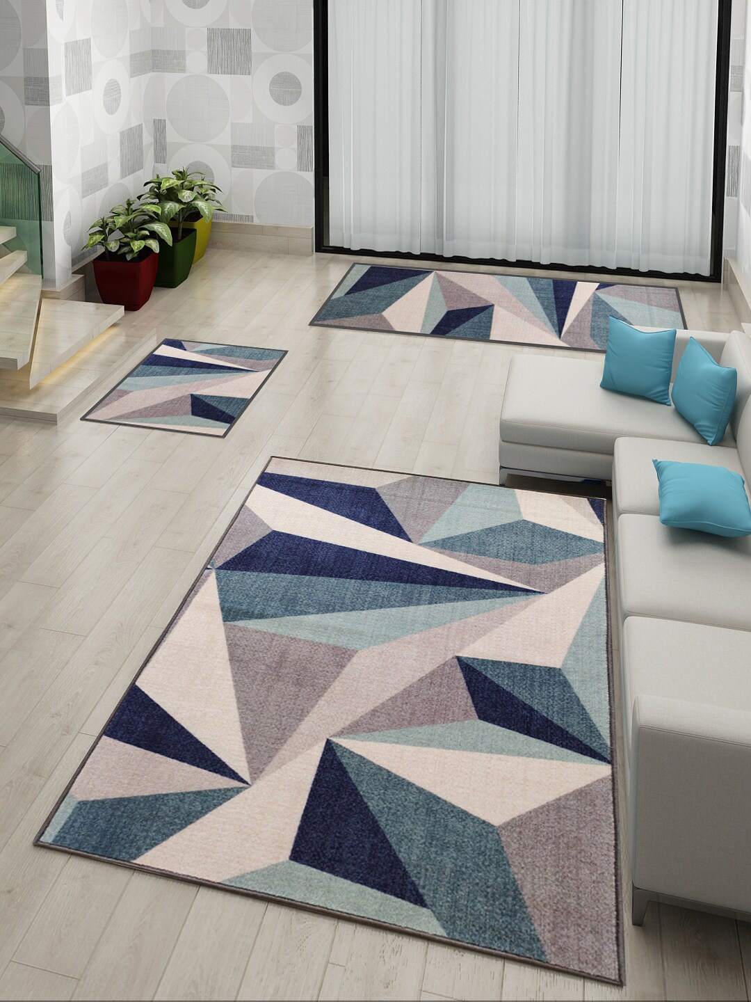 

Athom Trendz Set Of 3 Blue & Grey Printed Anti-Skid Doormat, Runner & Carpet Set