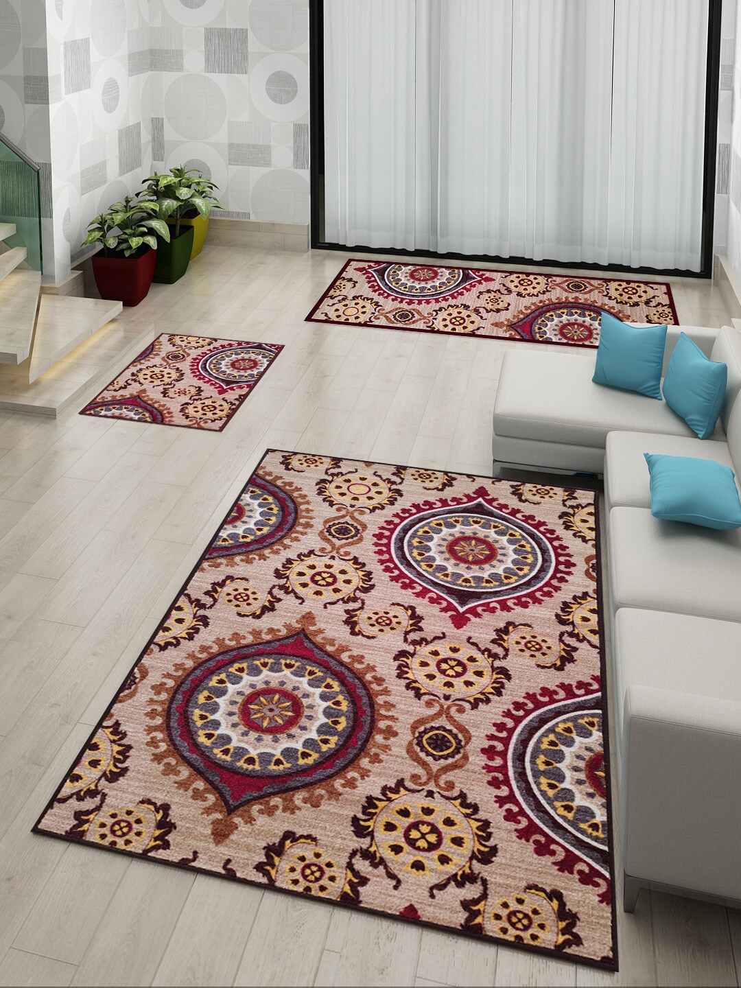 

Athom Trendz Maroon & Beige Set of 3 Ethnic Motifs Anti Slip Doormat, Runner & Carpet