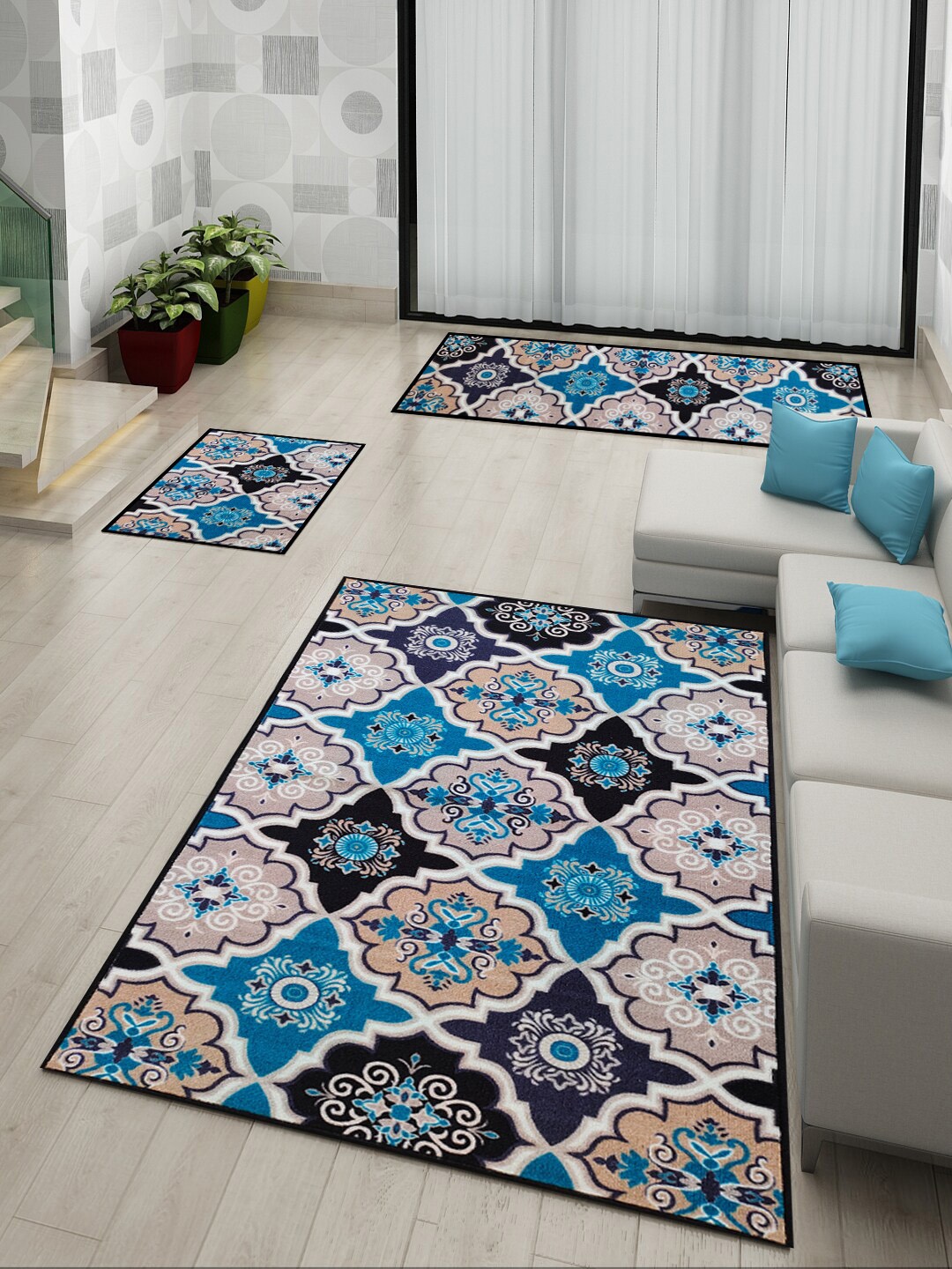 

Athom Trendz Ethnic Motifs Blue Premium Anti Slip Printed Doormat, Runner & Carpet Set