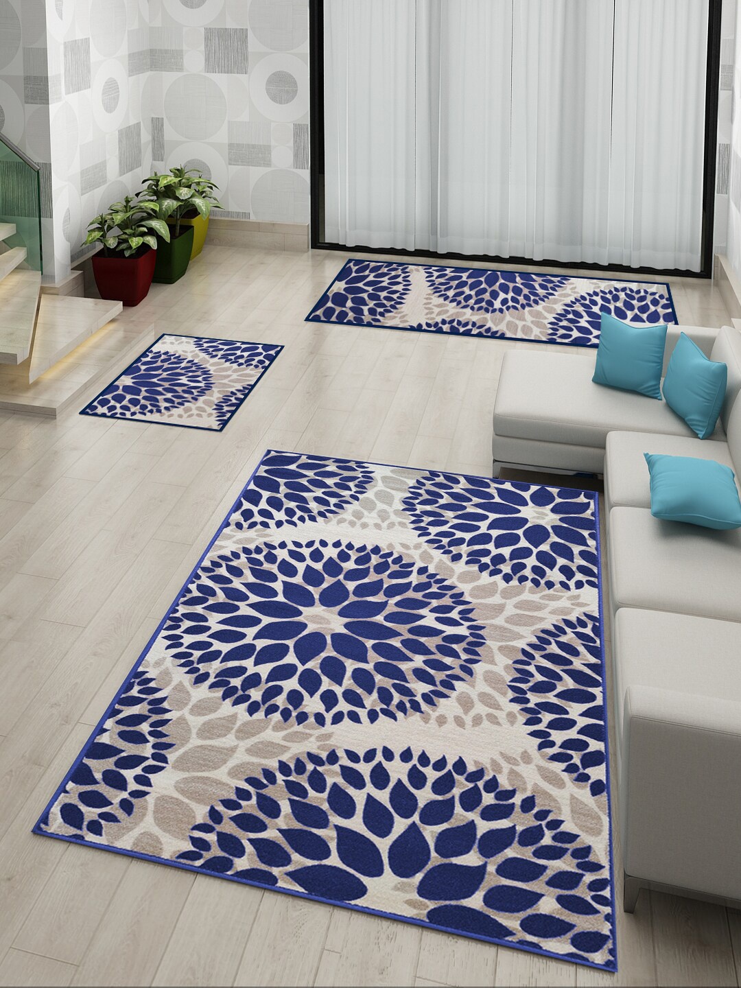 

Athom Trendz Pack of 3 Blue Anti Slip Printed Doormat Runner & Carpet Set