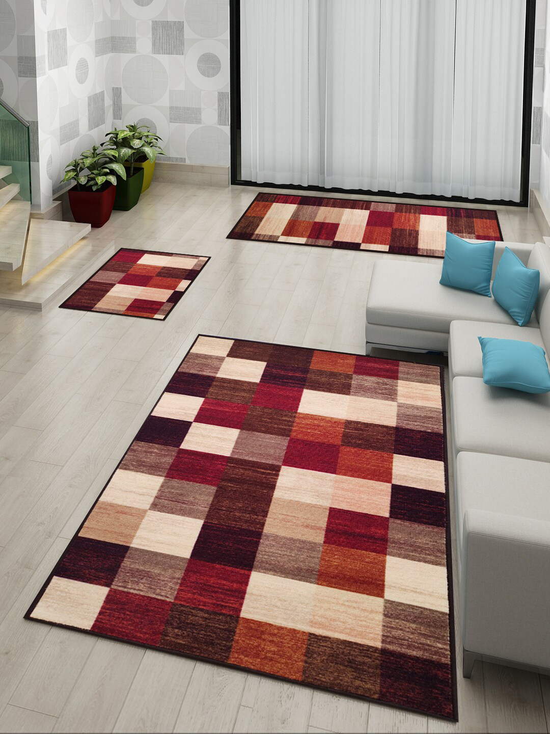 

Athom Trendz Beige & Red Premium Anti Slip Printed Doormat With Runner & Carpet Set
