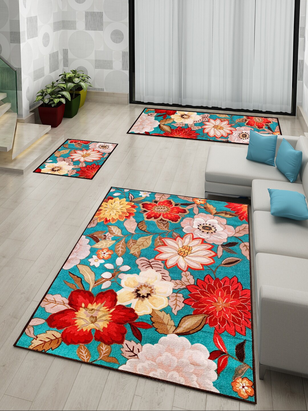

Athom Trendz Floral Printed Canvas Premium Anti Slip Printed Doormat, Runner & Carpet Set, Multi