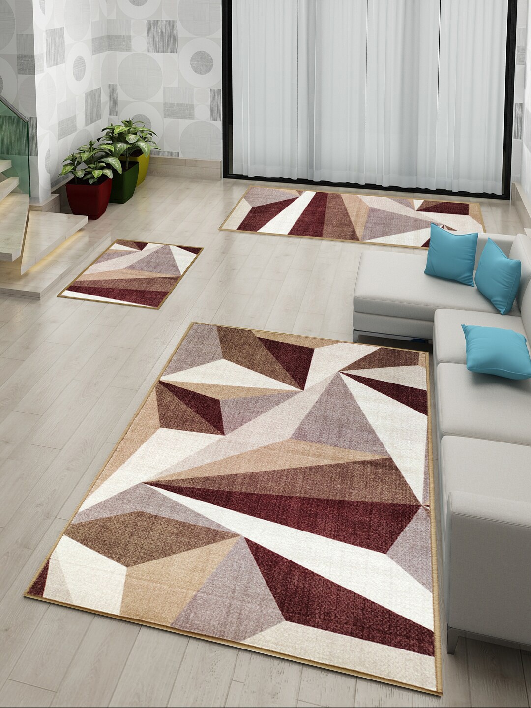 

Athom Trendz Beige & Brown Set of 3 Geometric Anti Slip Doormat, Runner & Carpet