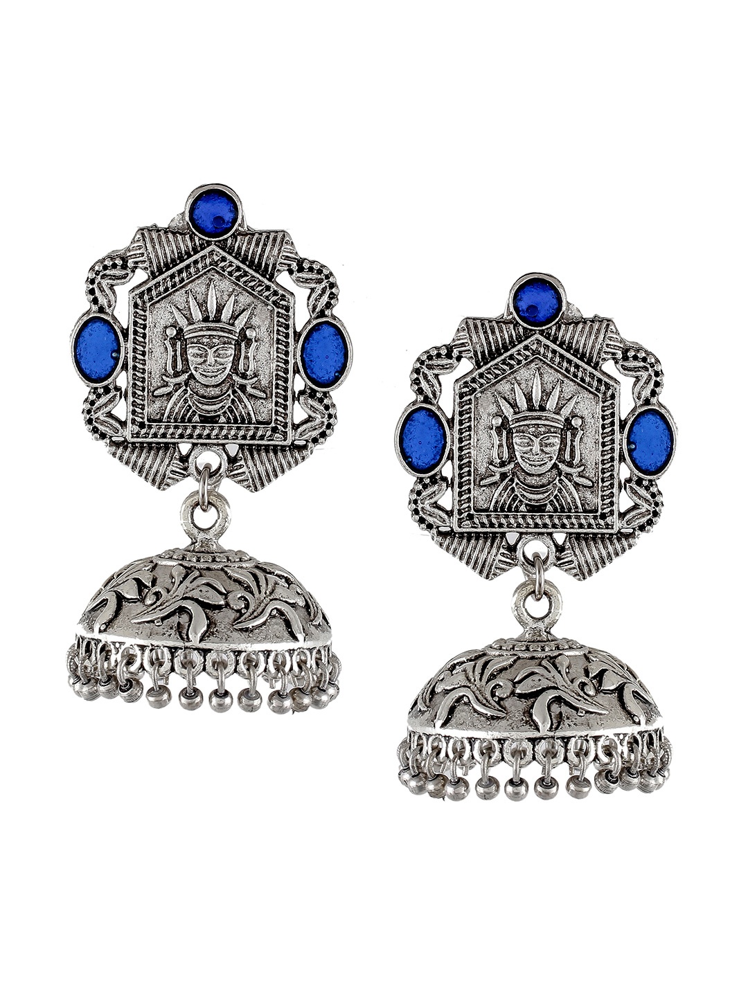 

Silvermerc Designs Silver-Plated Blue Beaded Oxidised Jhumkas