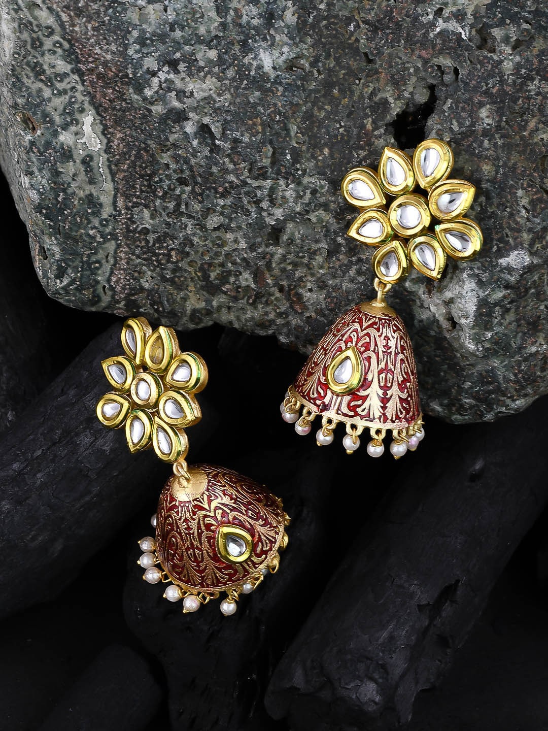 

Silvermerc Designs Gold-Plated Red Kundan Beaded Contemporary Jhumkas
