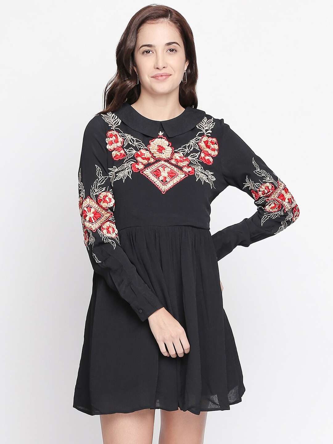 

aaliya Black Floral Peter Pan Collar Georgette Dress