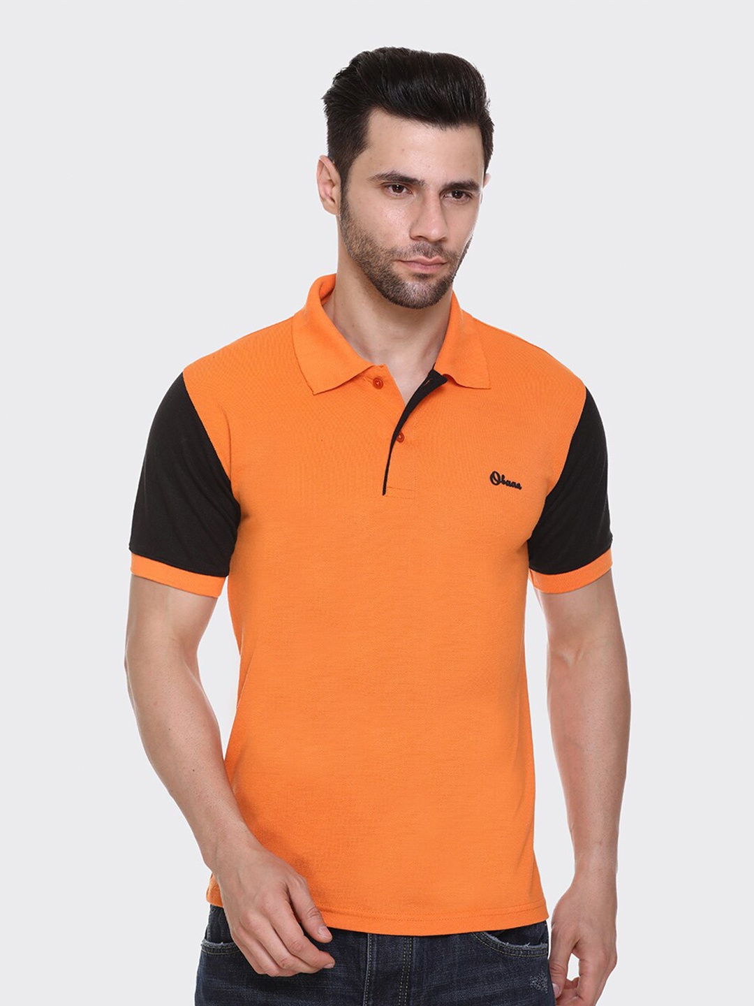 

Obaan Men Orange Colourblocked Polo Collar T-shirt