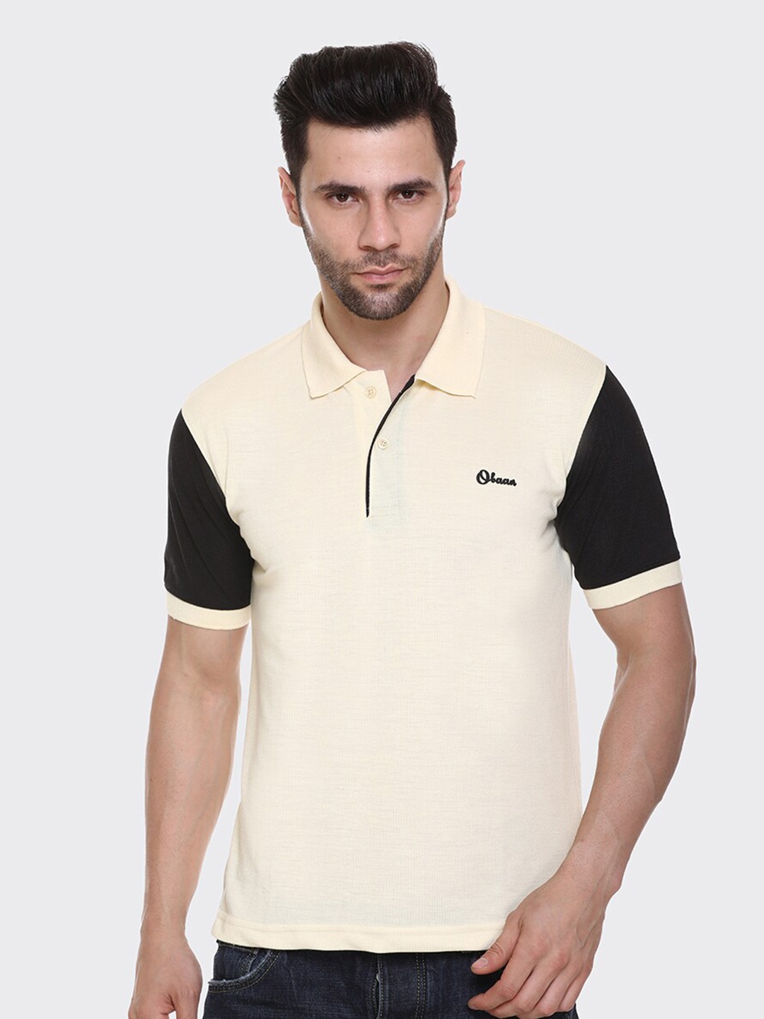 

Obaan Men Cream-Coloured Polo Collar T-shirt