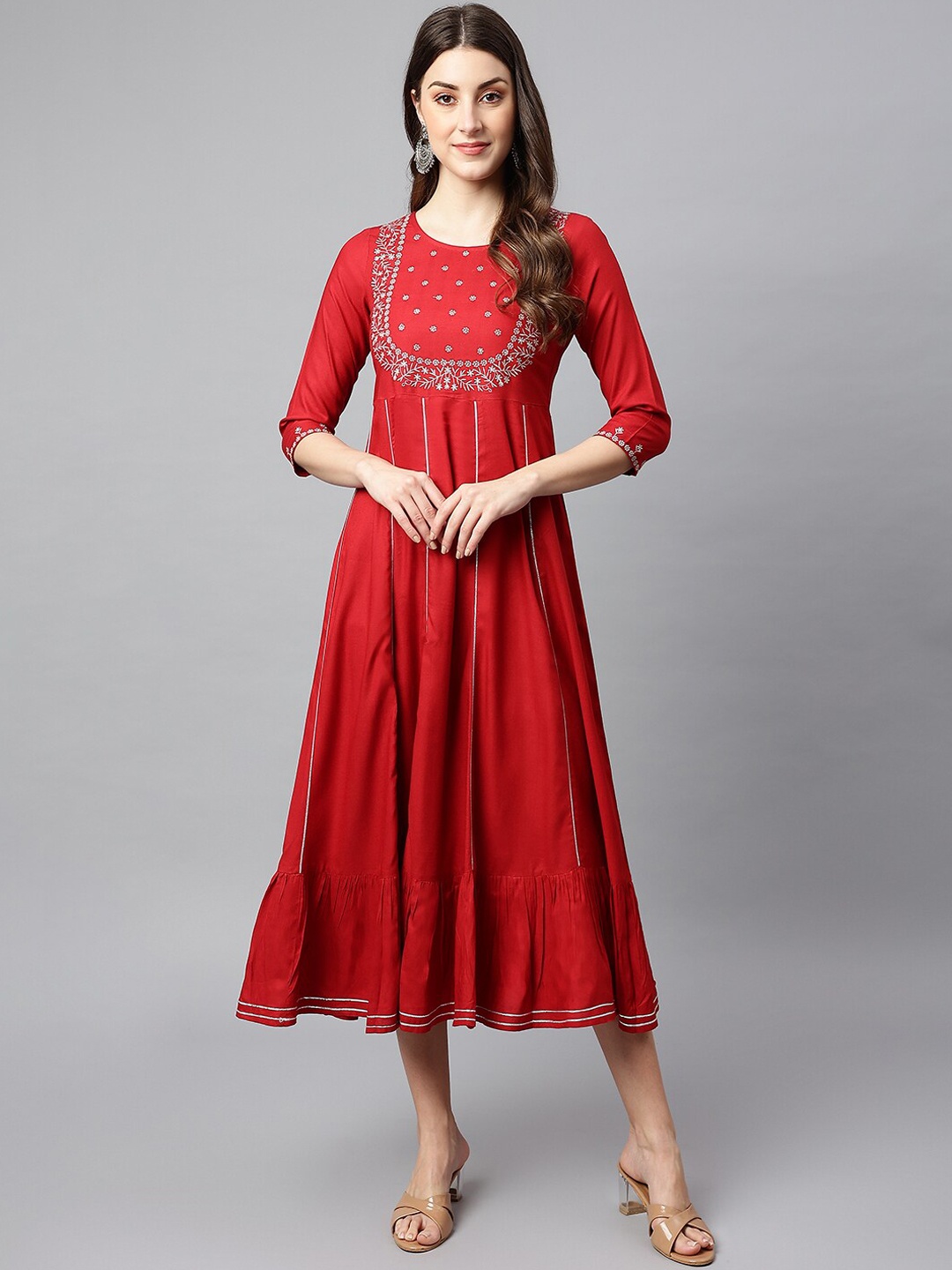 

SHINOY Women Red Yoke Design Embroidered Dress