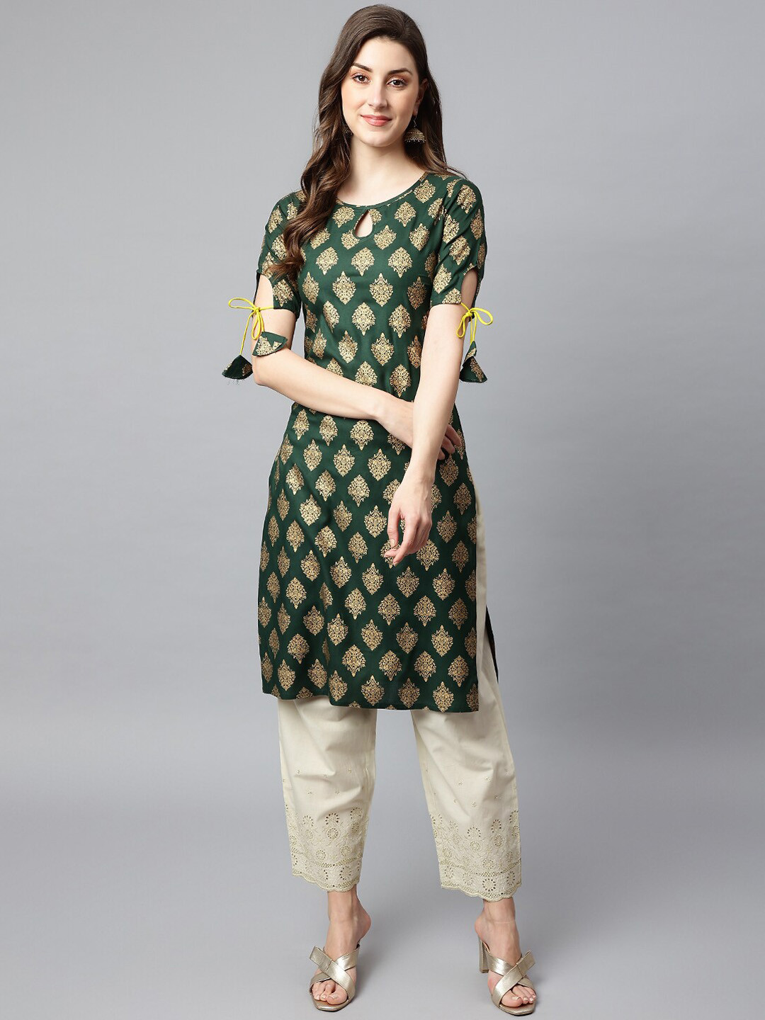 

SHINOY Women Green Ethnic Motifs Printed Keyhole Neck Kurta