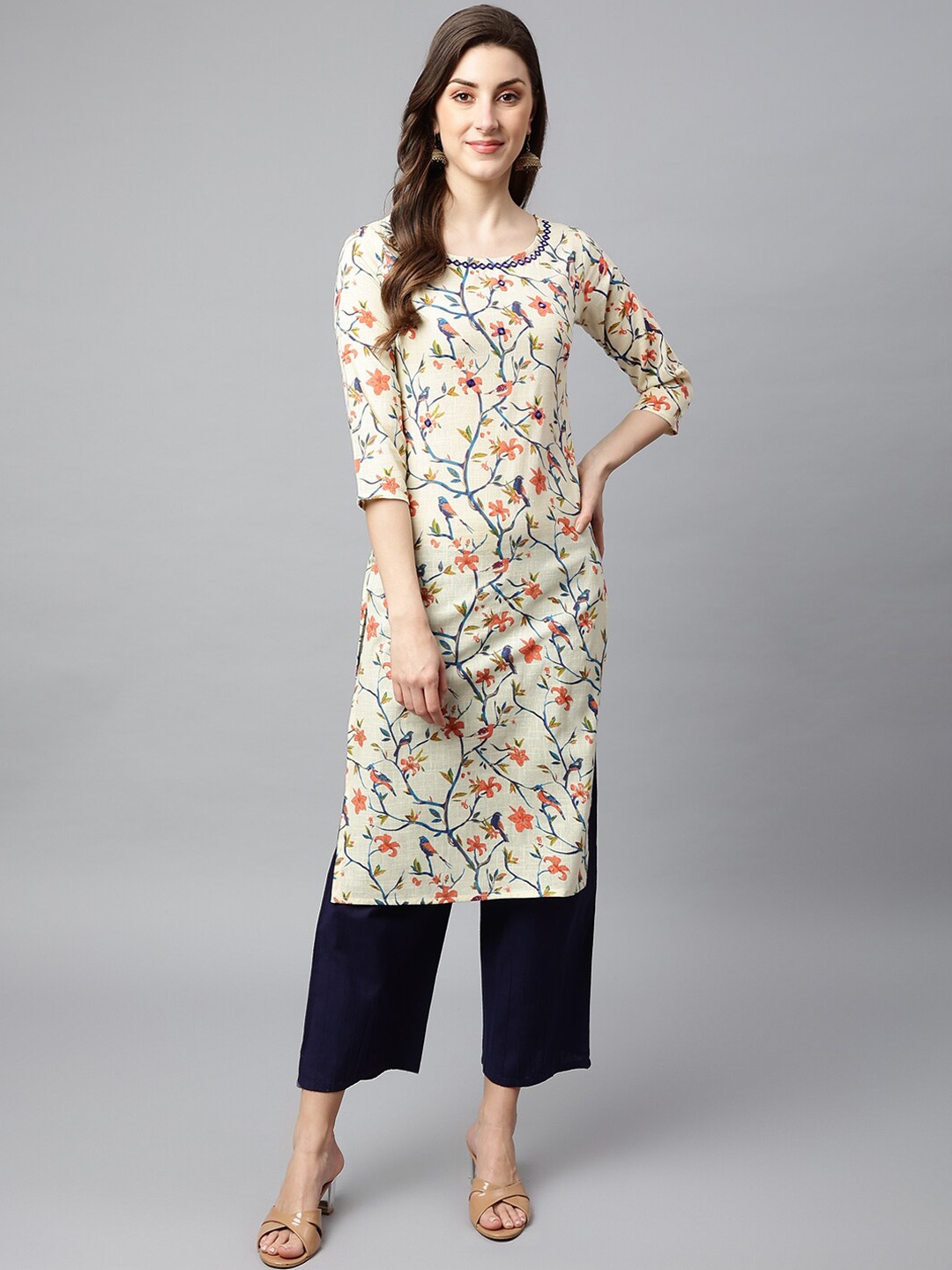 

SHINOY Women Cream-Coloured Floral Printed Cotton Kurta