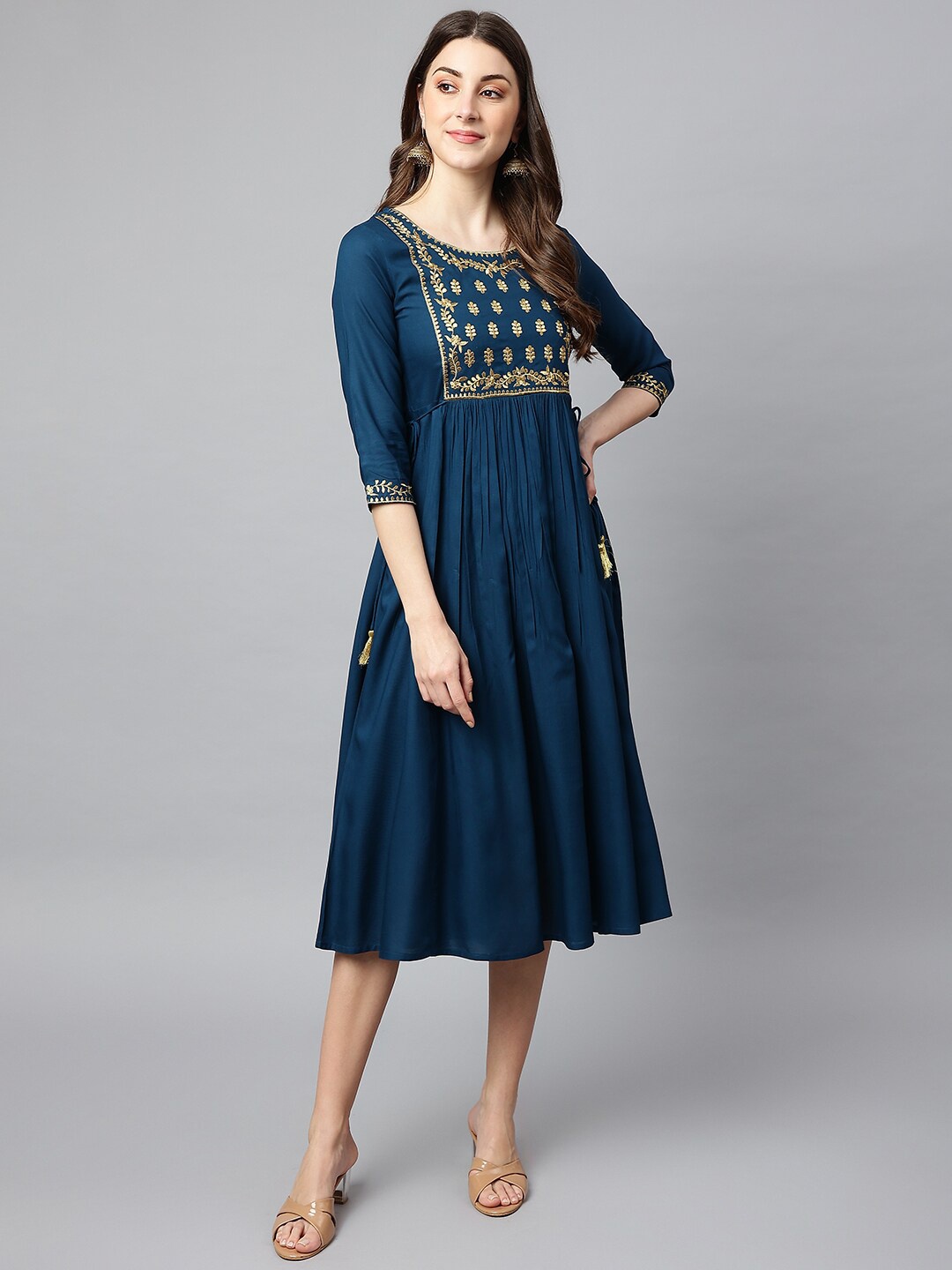 

SHINOY Women Blue Yoke Design Embroidered Dress