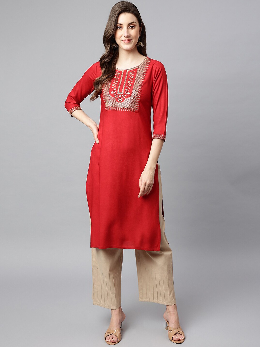 

SHINOY Women Red Yoke Design Thread Work Kurta