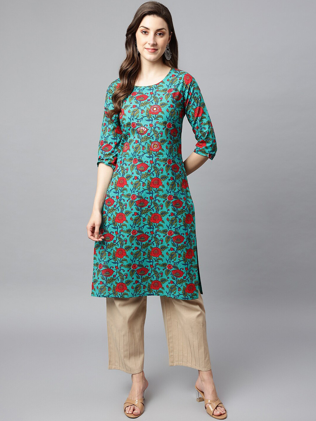 

SHINOY Women Green Floral Printed Cotton Kurta