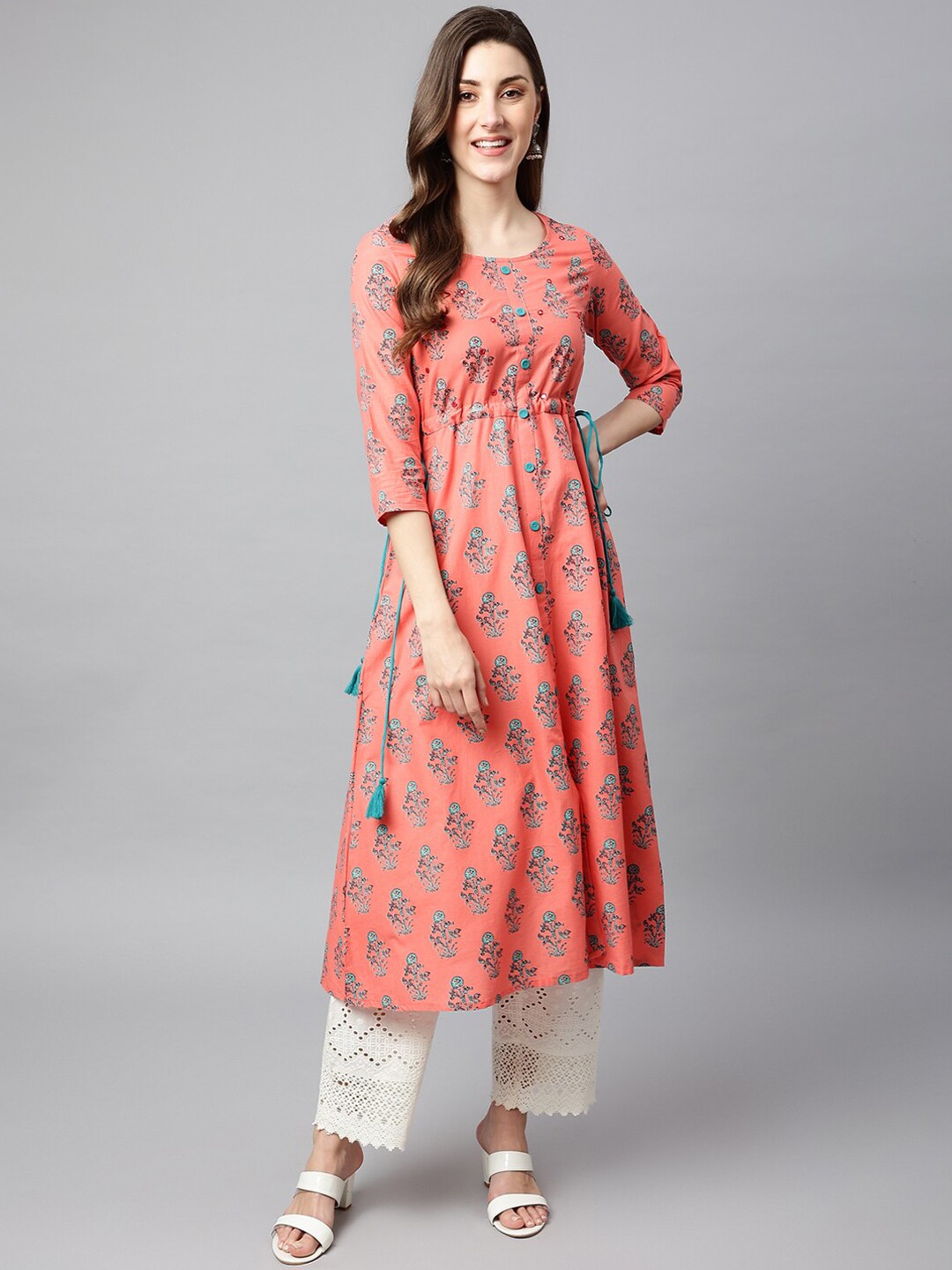 

SHINOY Women Peach-Coloured Ethnic Motifs Printed Cotton Kurta
