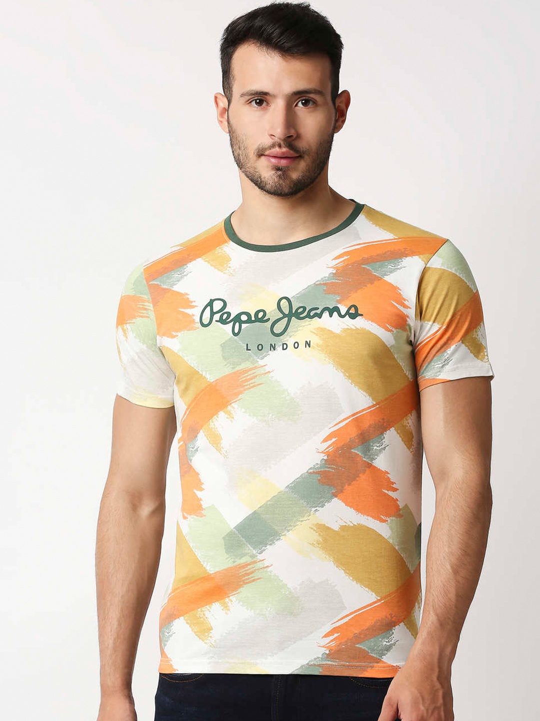 

Pepe Jeans Men Beige Printed Slim Fit T-shirt
