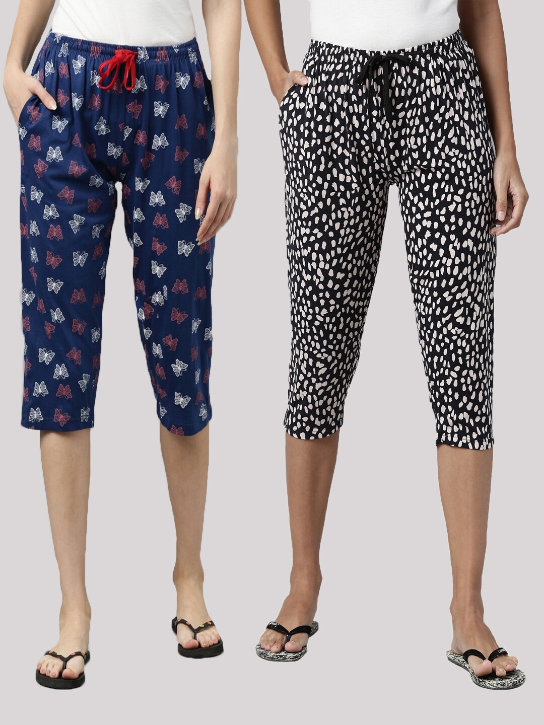 

Kryptic Women Navy Blue & Black Set Of 2 Printed Pure Cotton Capris