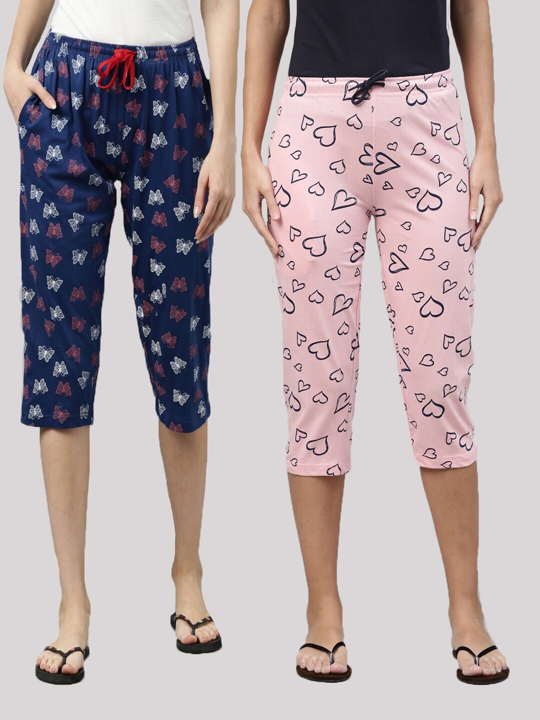 

Kryptic Women Set Of 2 Navy Blue & Pink Regular Fit Cotton Printed Capris