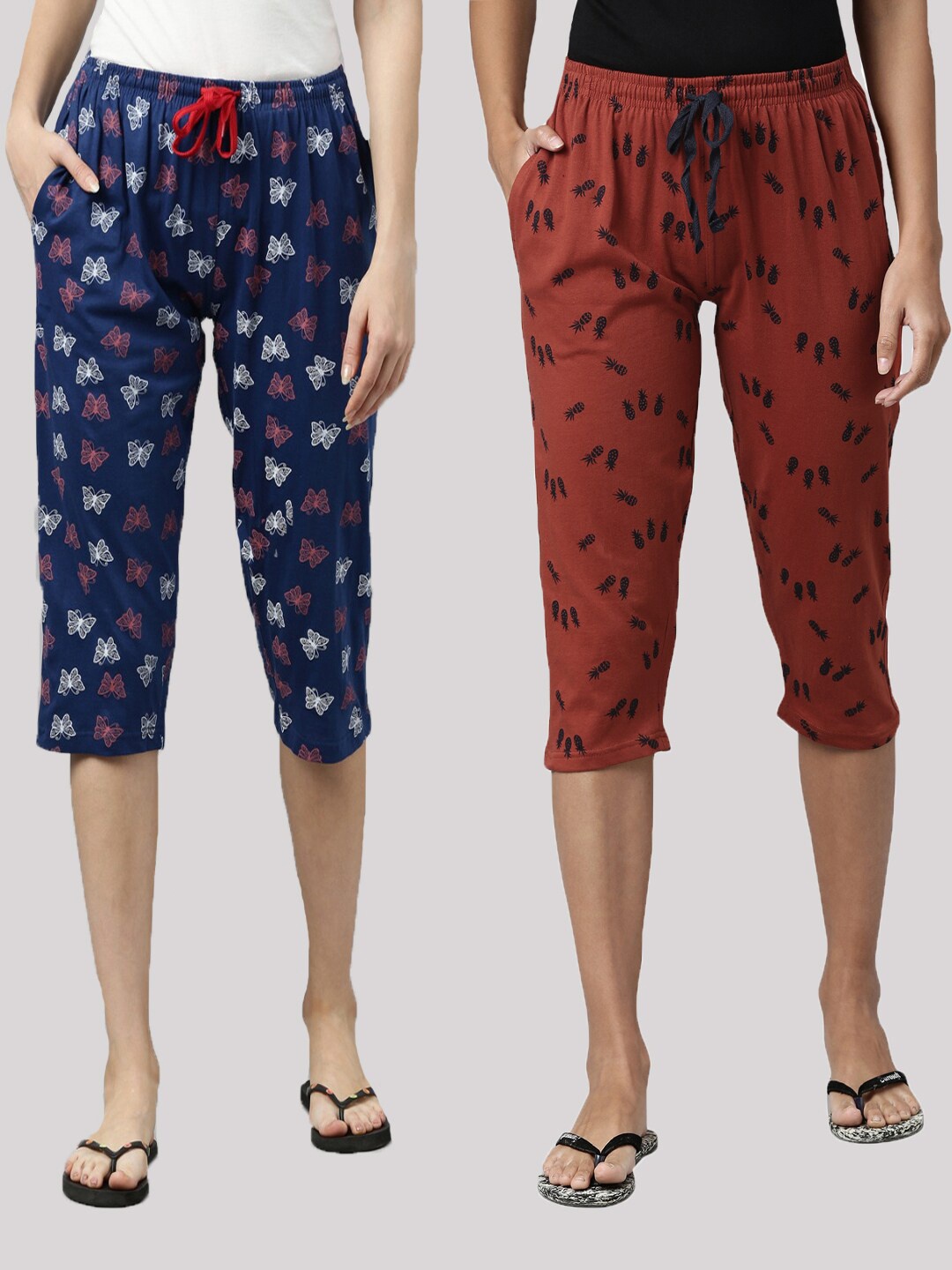 

Kryptic Women Set Of 2 Navy Blue & Rust Regular Fit Cotton Printed Capris