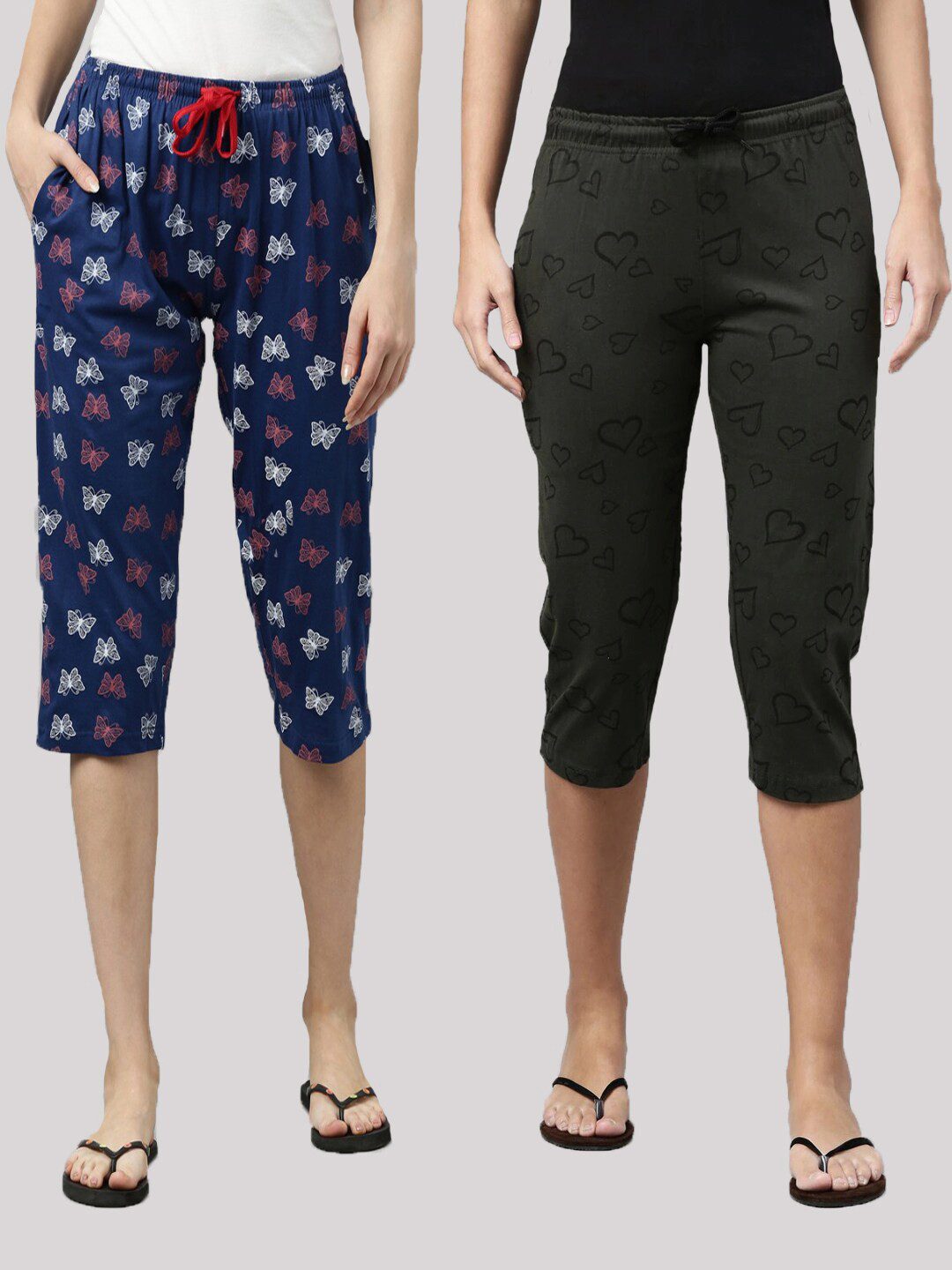 

Kryptic Women Set Of 2 Navy Blue & Olive Green Regular Fit Cotton Printed Capris