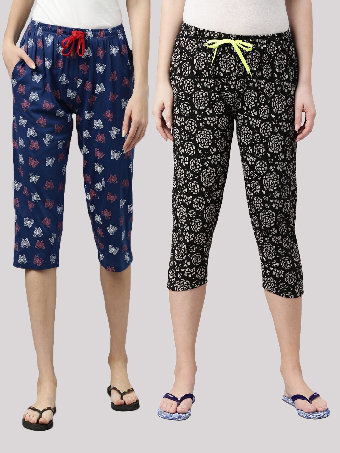 

Kryptic Women Set Of 2 Navy Blue & Black Printed Pure Cotton Capris