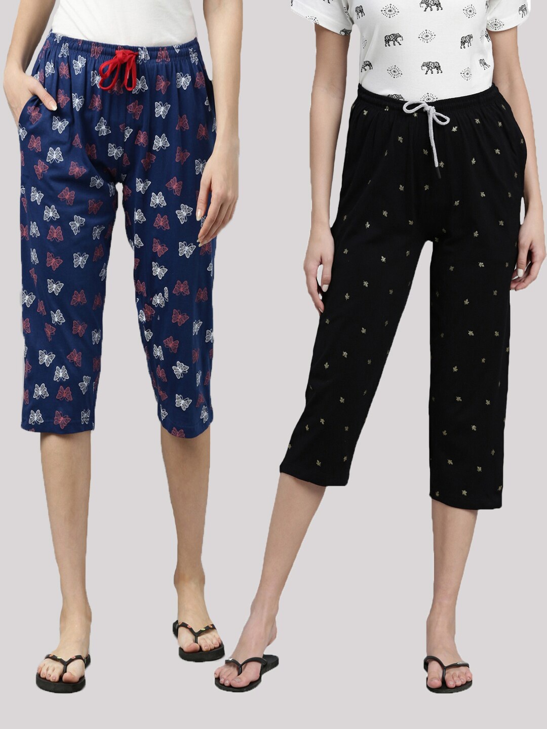 

Kryptic Women Pack of 2 Navy Blue & Black Printed Cotton Capris