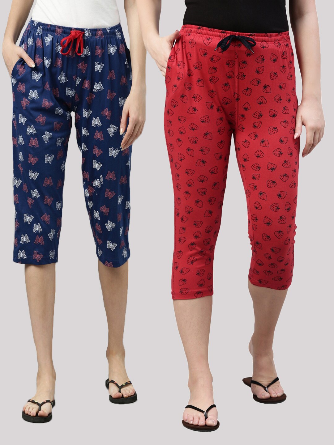 

Kryptic Women Pack of 2 Navy Blue & Red Printed Capris