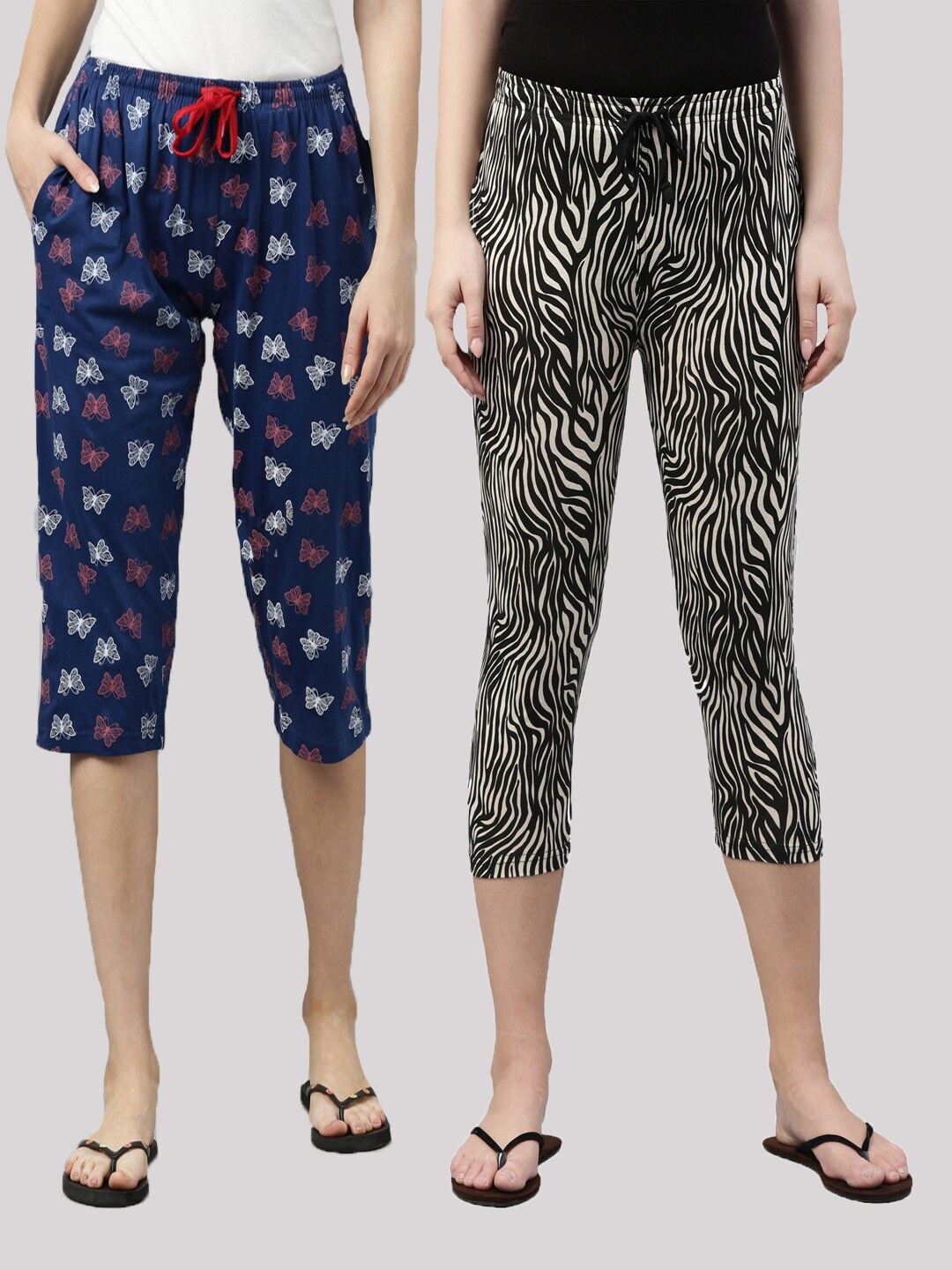 

Kryptic Women Navy Blue & Black Pack Of 2 Pure Cotton Printed Regular Fit Capris