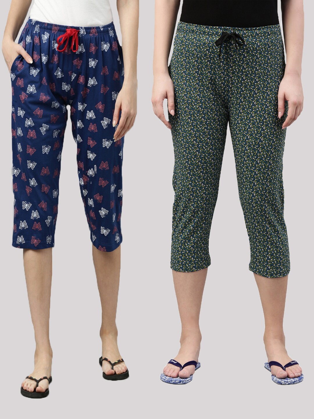 

Kryptic Women Navy Blue & Green Set Of 2 Pure Cotton Printed Capris