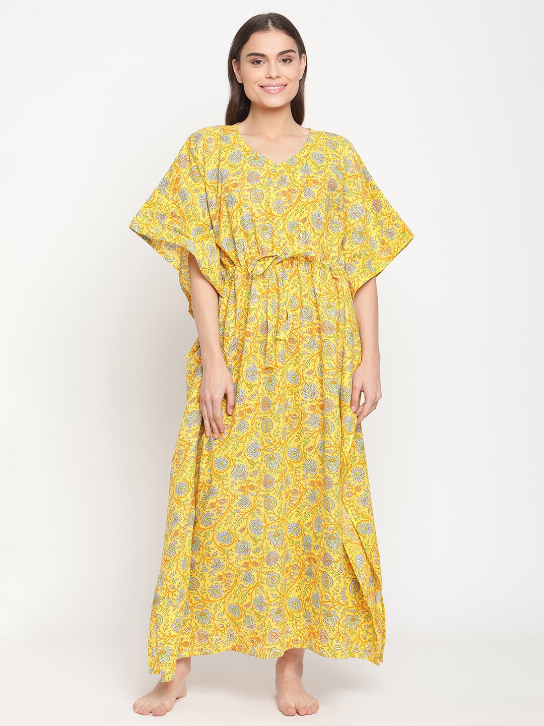 

TAG 7 Yellow & Blue Floral Printed Pure Cotton Maxi Kaftan Nightdress