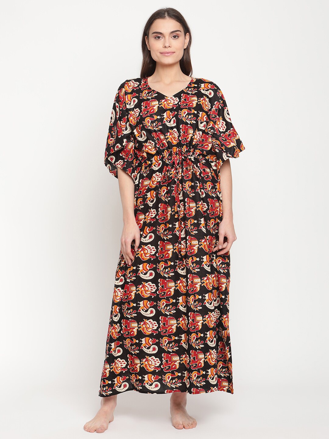 

TAG 7 Black Printed Pure Cotton Kaftan Maxi Nightdress