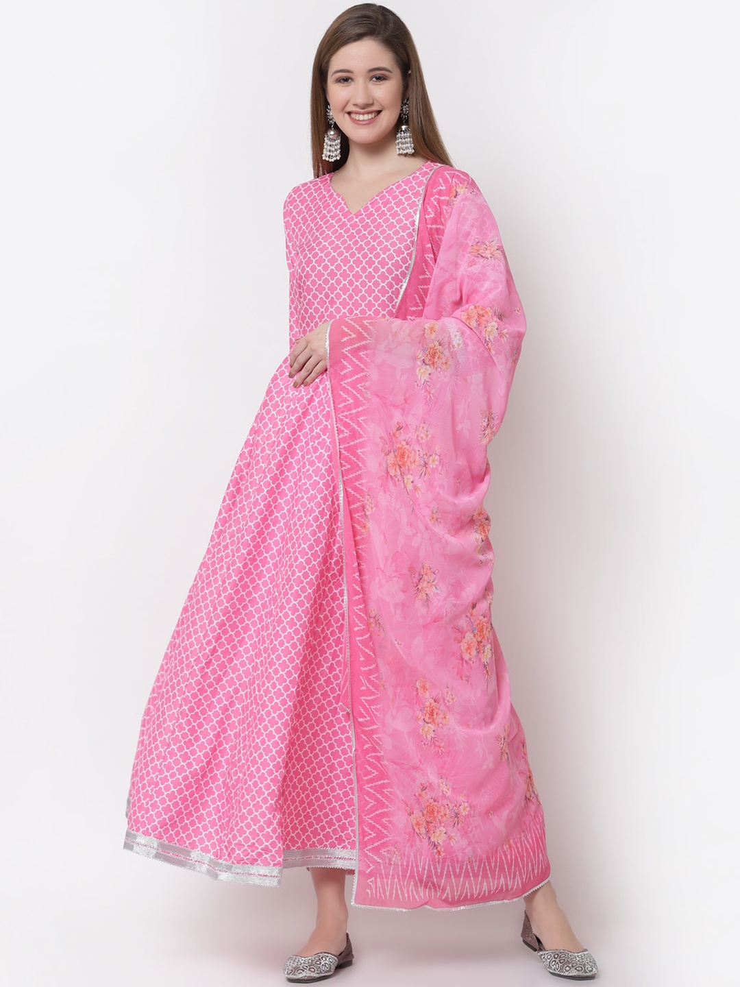 

Myshka Women Pink Ethnic Motifs Embellished Gotta Patti Anarkali Kurta with Dupatta