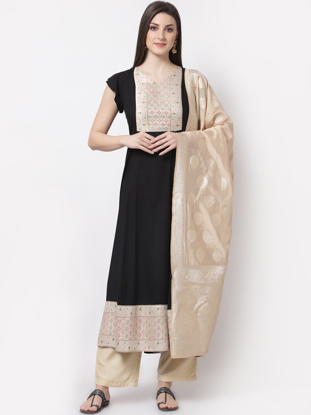 

Myshka Women Black Ethnic Motifs Yoke Design Kurta with Dupatta