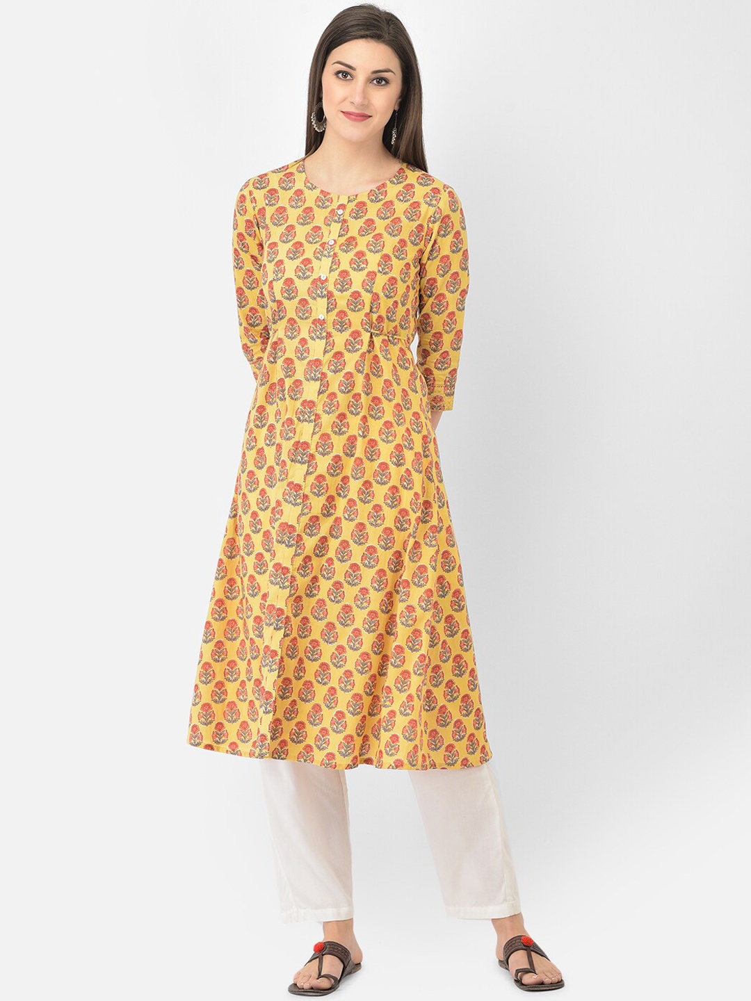 

Span Women Yellow Floral Printed Anarkali Kurta